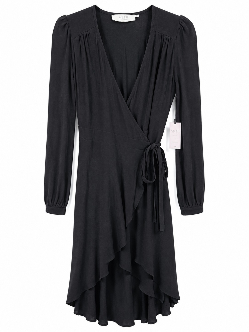 ASTR The Label NWT Black Silk Blend Wrap Midi Dress Ruffle Long Sleeve Chic XS